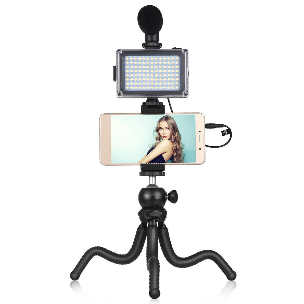 Black Octopus Yripod live broadcast kit with flexible tripod legs, fill light, and microphone for iPhone