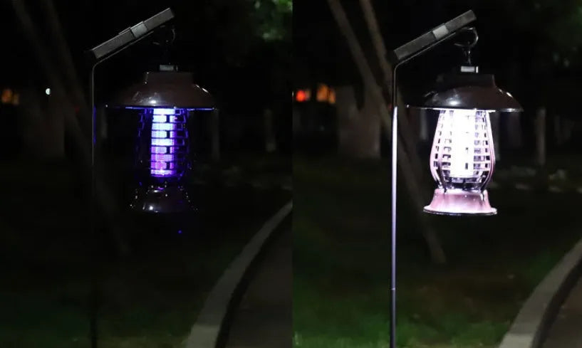 Black solar-powered mosquito lamp with solar panel and LED lights for garden insect control