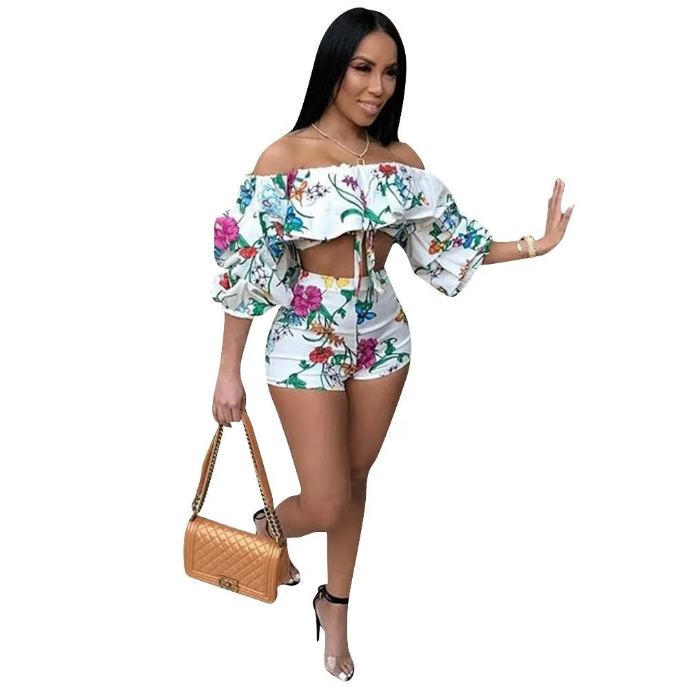 Multicolour digital print women's loungewear set with pile sleeves and matching shorts.