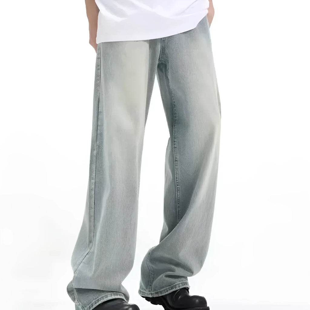 Blue retro loose fit casual trousers made from rabbit fur fabric on a neutral background.
