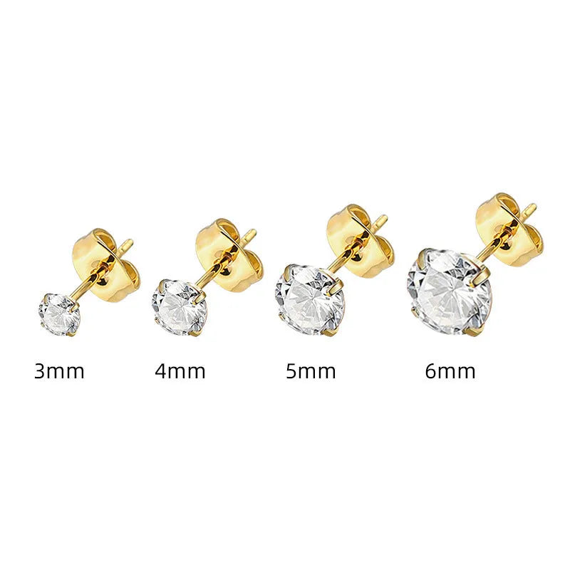 Square geometric stainless steel stud earrings with round zircon stone in centre, shown in gold and steel colour finishes