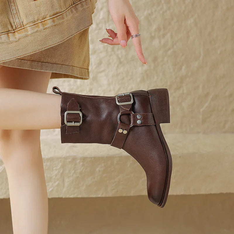 Women's genuine leather chunky heel short boots in black, side view