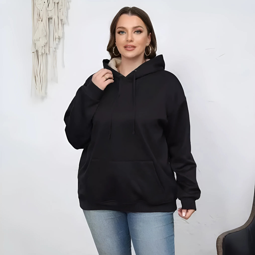 Women's thick polyester hooded sweater in wine red with a 3D pattern, hood, and front pockets.