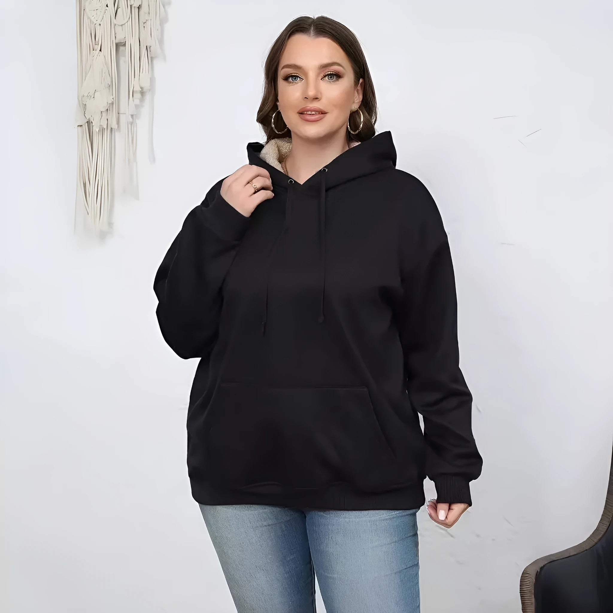 Women's thick polyester hooded sweater in wine red with a 3D pattern, hood, and front pockets.