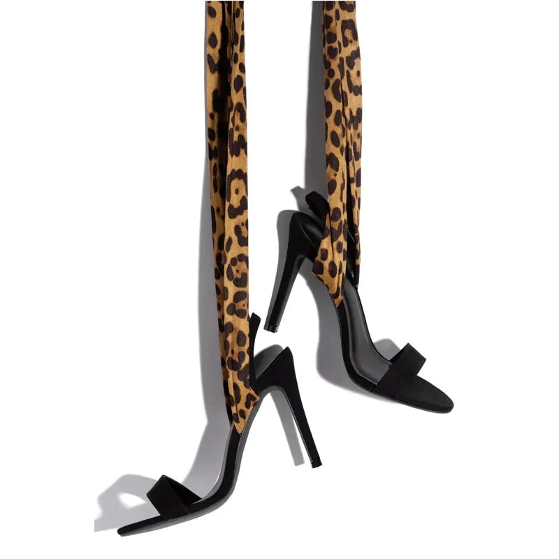 Light brown leopard print Roman-style women's sandals with cross-strap design and super-high 8cm heels