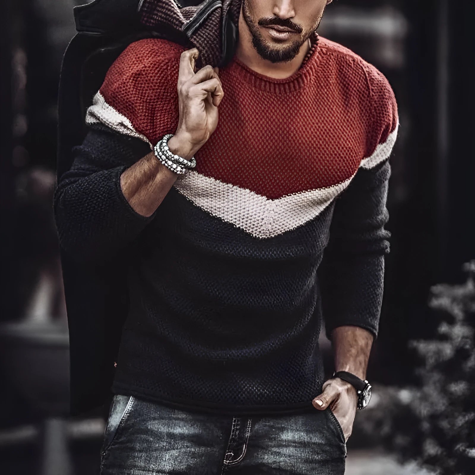 Men's slim fit round neck long sleeve colour block sweater in red and black for autumn leisurewear