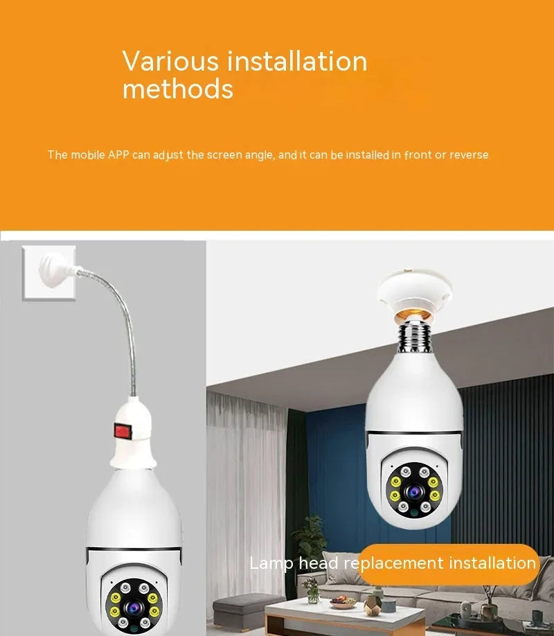 Wireless WiFi bulb security camera showing compact 5cm diameter design with plastic and metal housing