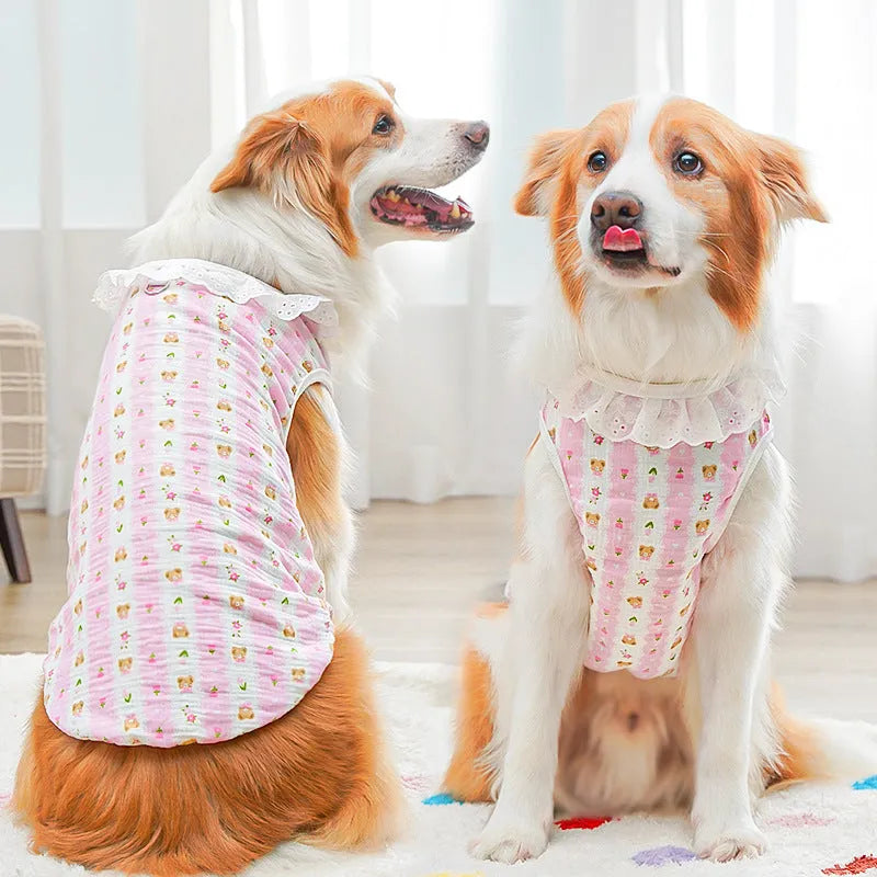 Pets all-cotton yarn breathable thin dog cat clothing in flower bud rabbit pattern on white background