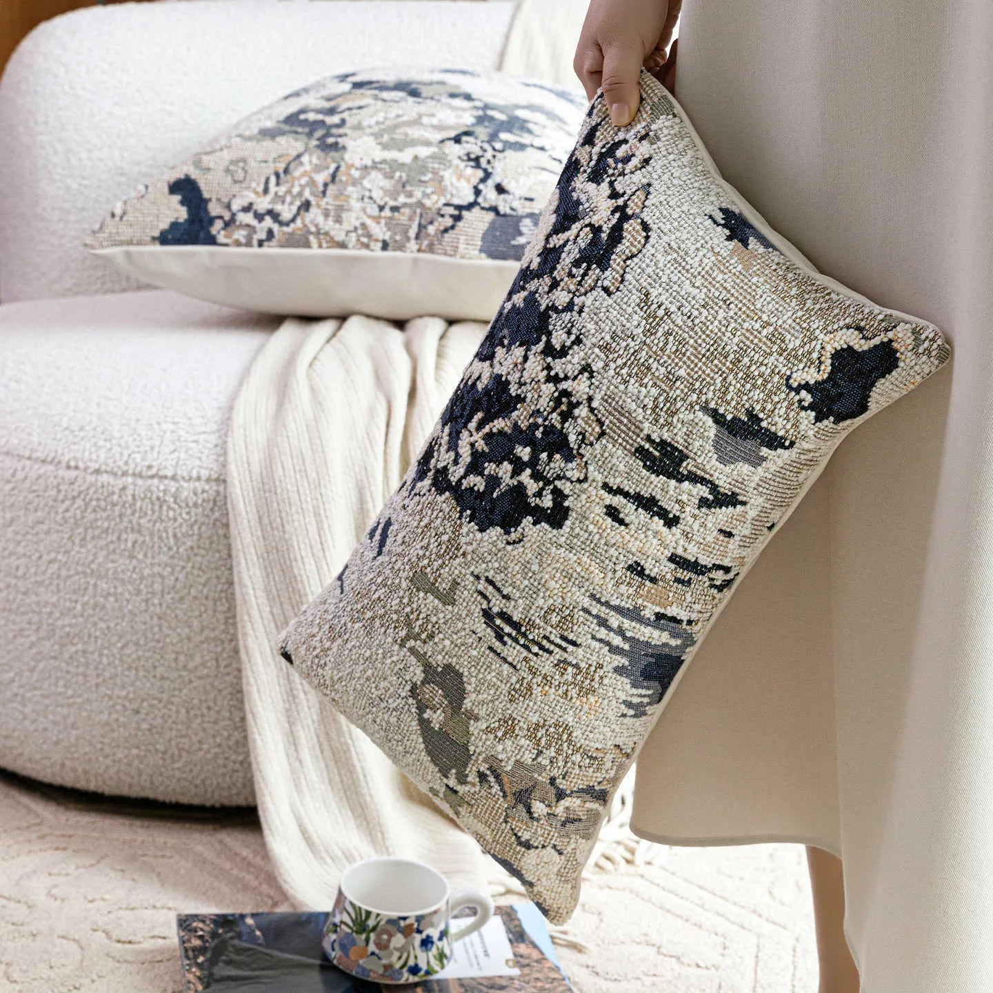 Antique blue floral print decorative cushion with wool blend fabric, shown in square and waist pillow sizes.