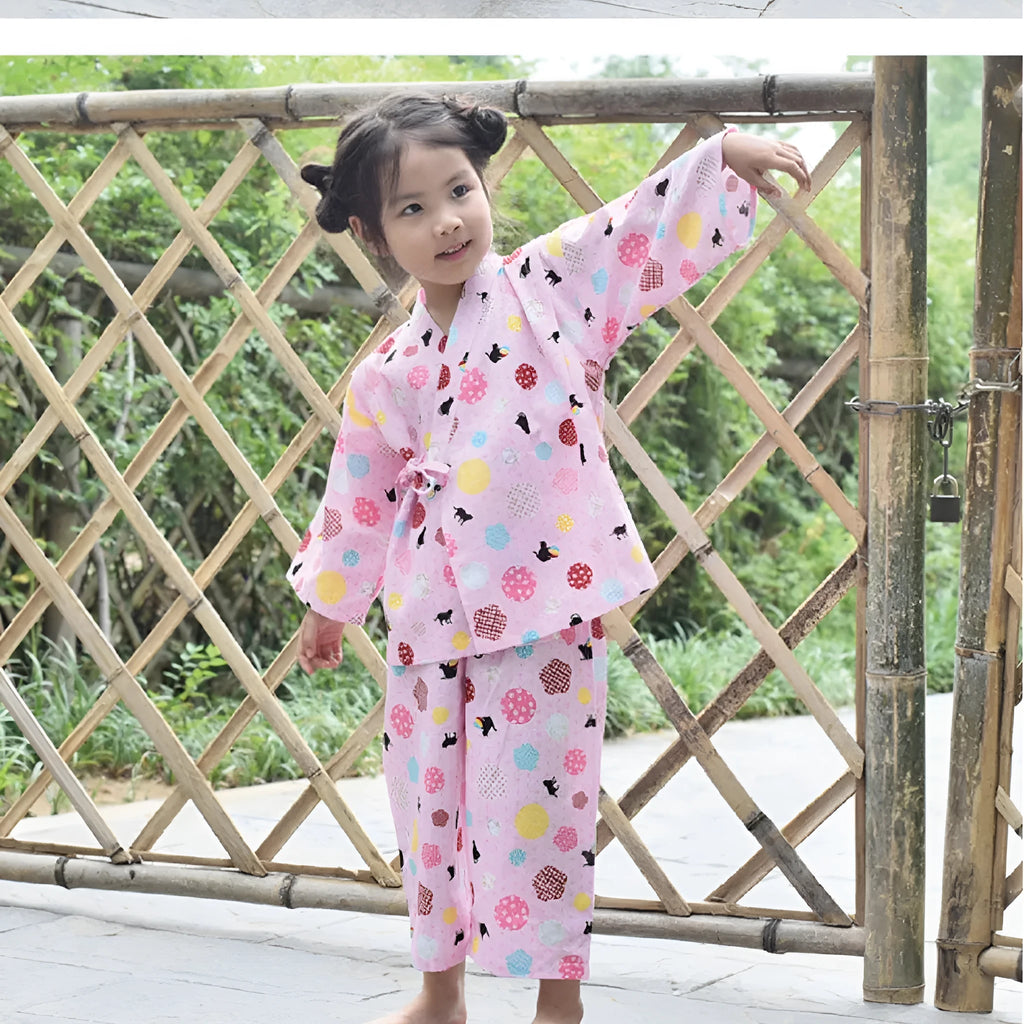 Pink cotton girls pajama set with long sleeves and floral ball cat cartoon print