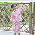 Pink cotton girls pajama set with long sleeves and floral ball cat cartoon print