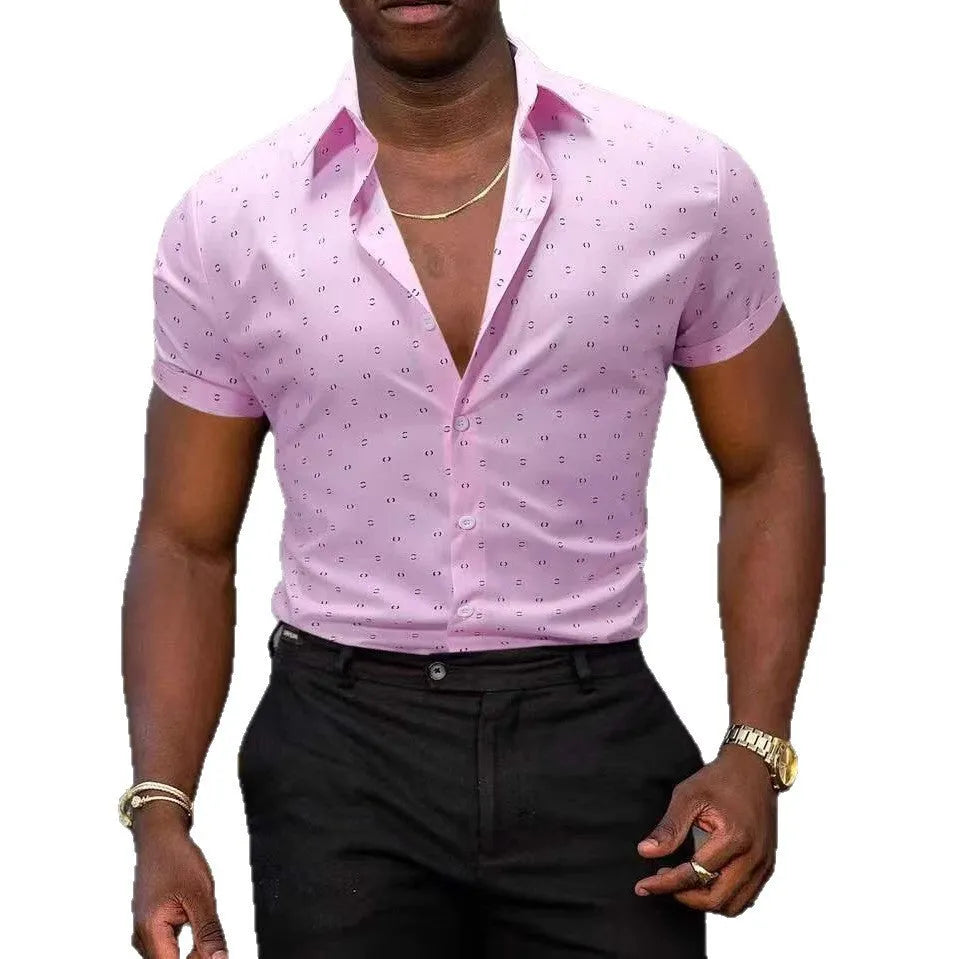 Men's light blue floral print short-sleeved shirt with buttons, made from stretchy polyester fabric.
