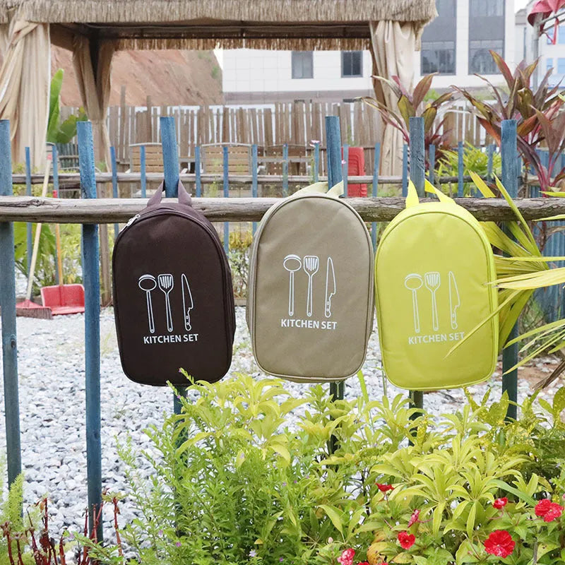 Picnic kitchenware storage bag containing 12 stainless steel utensils in brown, green, or khaki colour