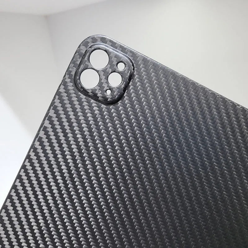 Hard carbon fibre protective case for iPad Pro 11 inch showing plaid pattern and one of three available finishes.
