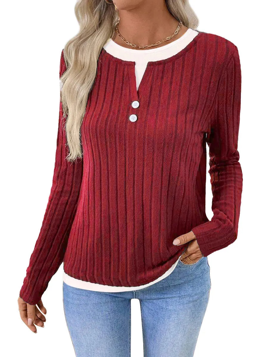 Women's concave stripe polyester pullover sweater in street fashion style with round neck