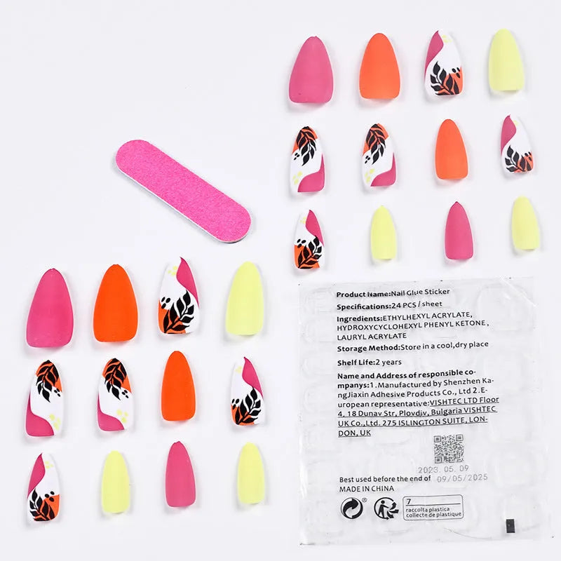 Wear Armour medium almond armour frosted nail stickers showing four patterns: French colourful leaves, colourful plating, star flash macaron, gradient leopard print