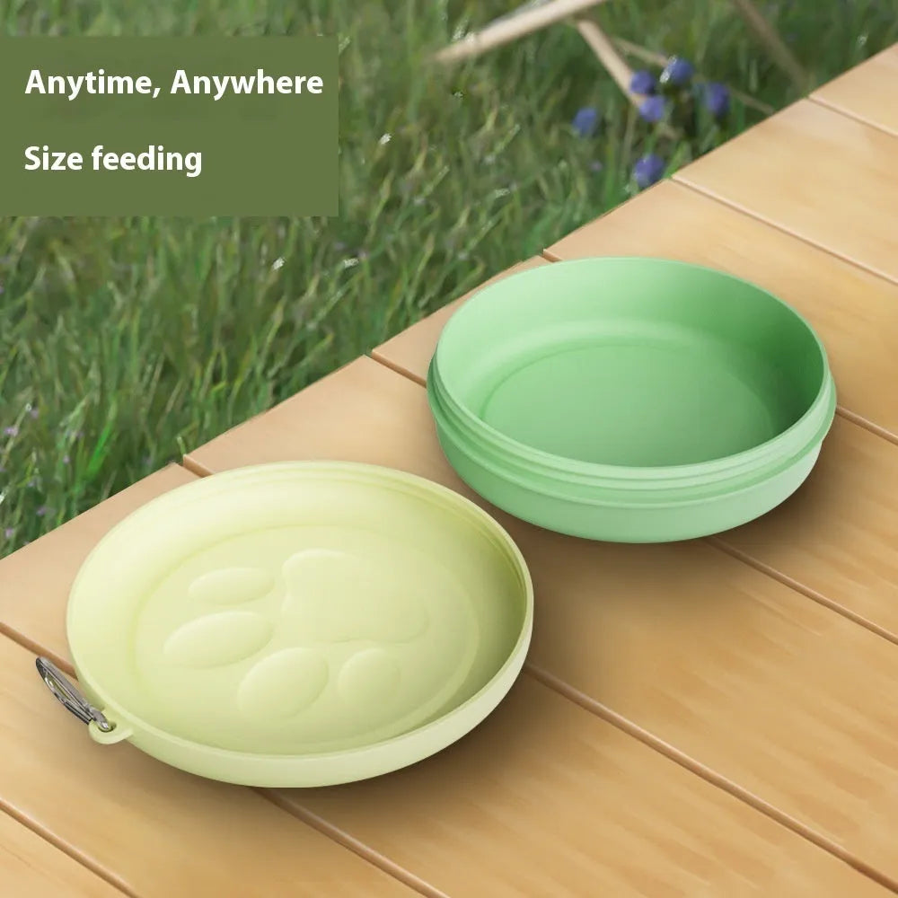 Portable foldable dog bowl with two compartments for food and water in light green colour