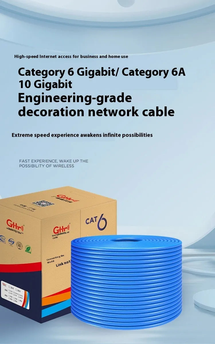 A 305-metre reel of blue Category 6 network cable with oxygen-free copper core, with cable end showing twisted pairs.