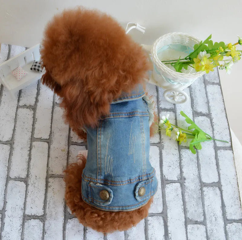 Retro scratch pattern denim dog vest for small breeds in dark and light wash options