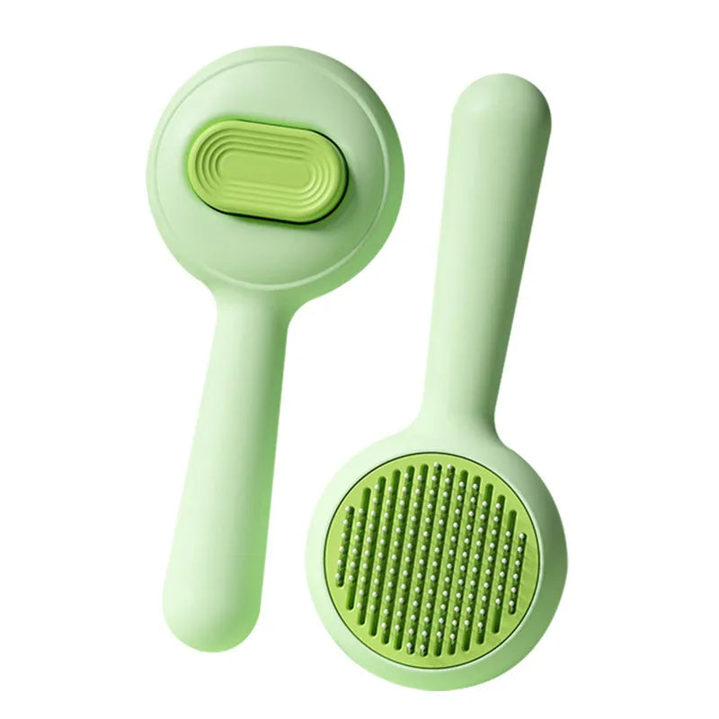 Green and yellow pet grooming brushes with stainless steel bristles and non-slip rubber handles.