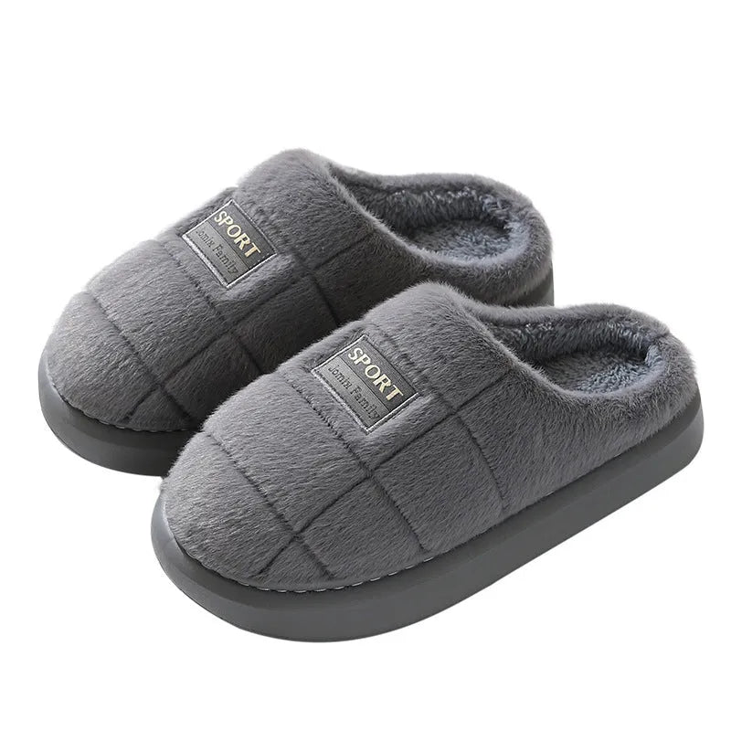 Men's grey and brown plaid rabbit hair slippers with a thick sole and wool lining