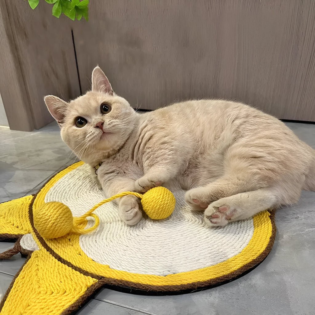 Yellow cat scratching board with a corgi butt design, made from natural sisal with an anti-slip base.
