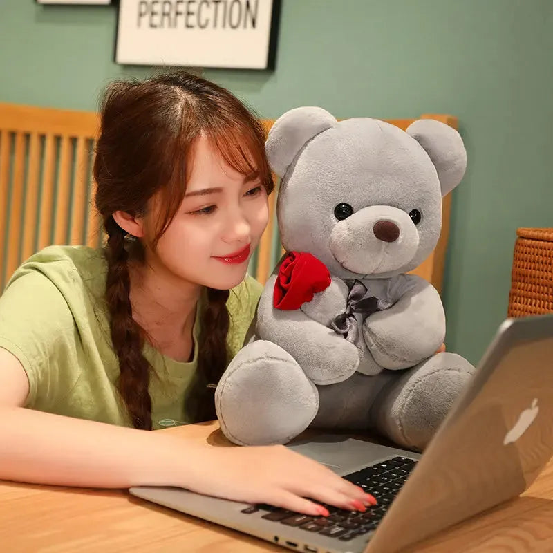 Rose teddy bear plush pillow stuffed animal doll in beige, brown or grey colours, shown in 23cm to 45cm sizes.