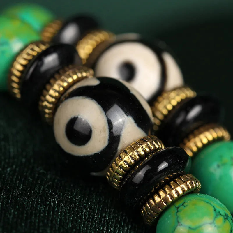 Natural turquoise bracelet with 108 polished 8mm round beads showing raw ore texture