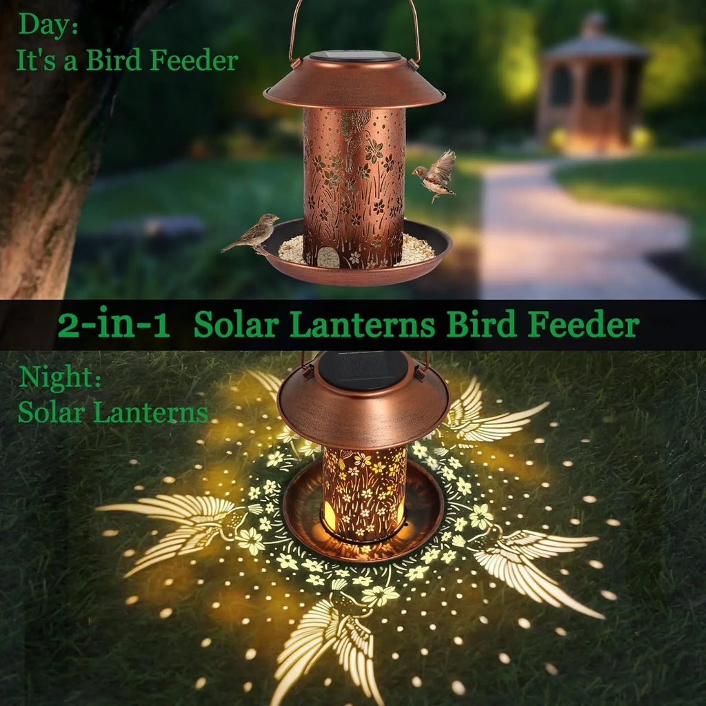Solar powered bird feeder with hummingbird pattern and LED lights for outdoor garden decoration
