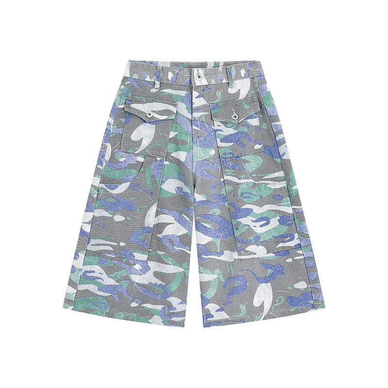 Camouflage cotton work trousers with cargo pockets and straight-leg cropped fit