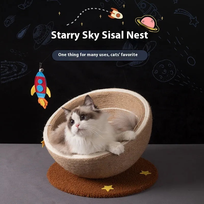 Large integrated cat scratching post and bed with sisal rope surface and flannel nest.
