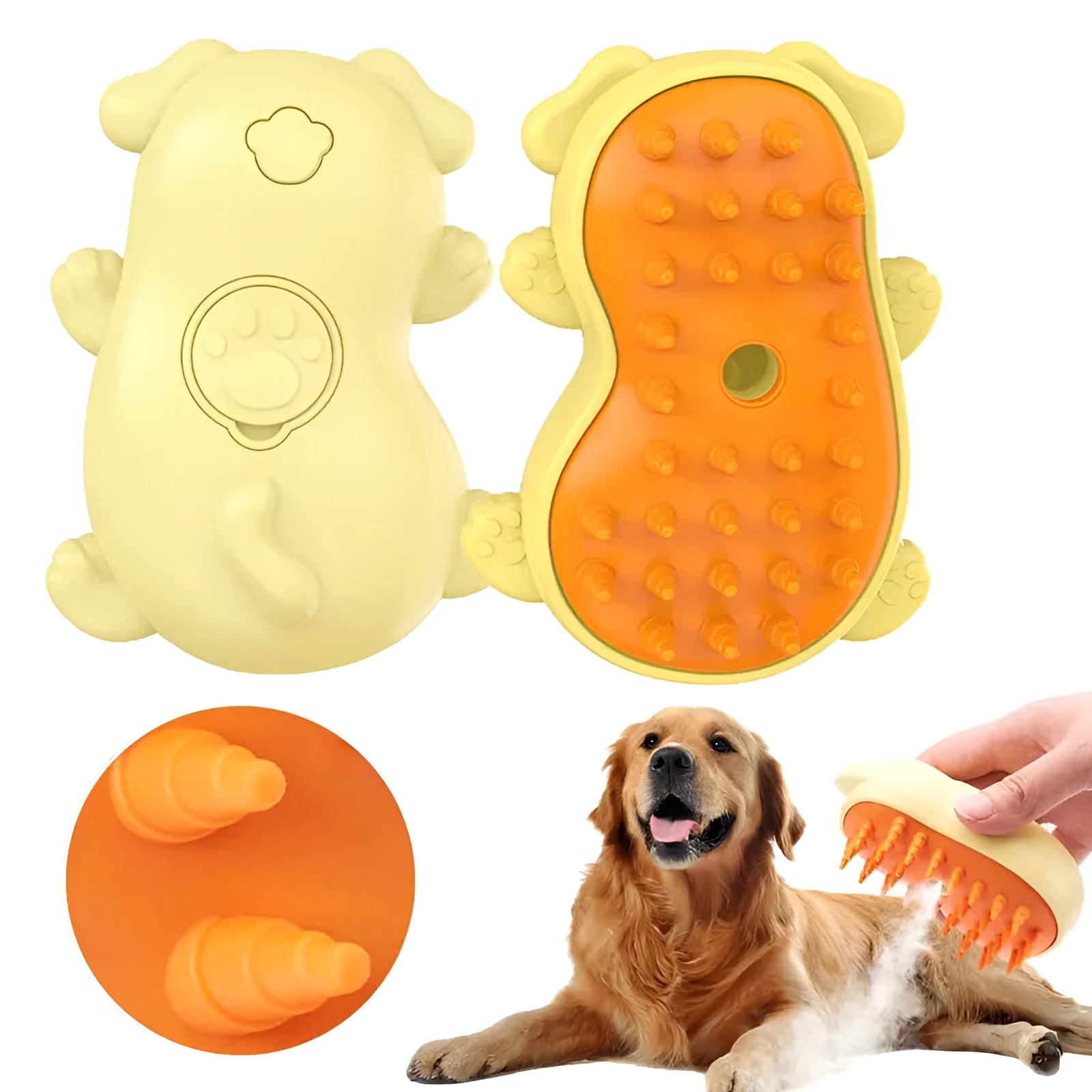 Cat and dog shaped steamy grooming brush with a medium-sized handle on a white background.