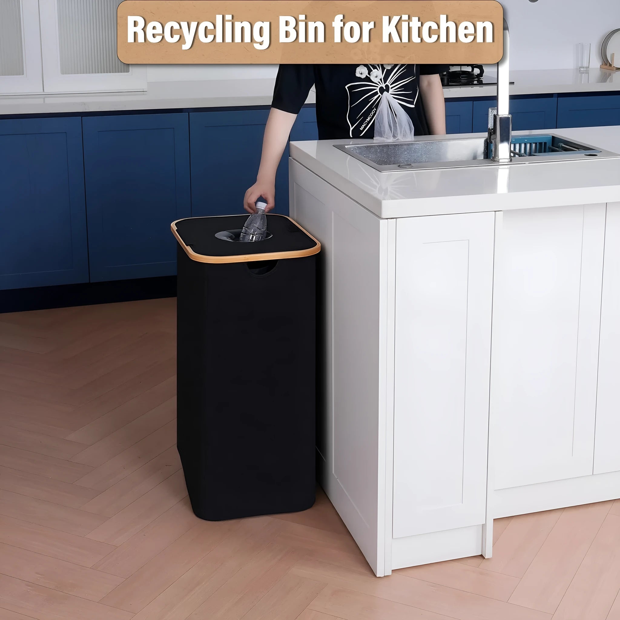 Black bamboo-frame storage basket with removable lid, holes design, and double inner pockets.