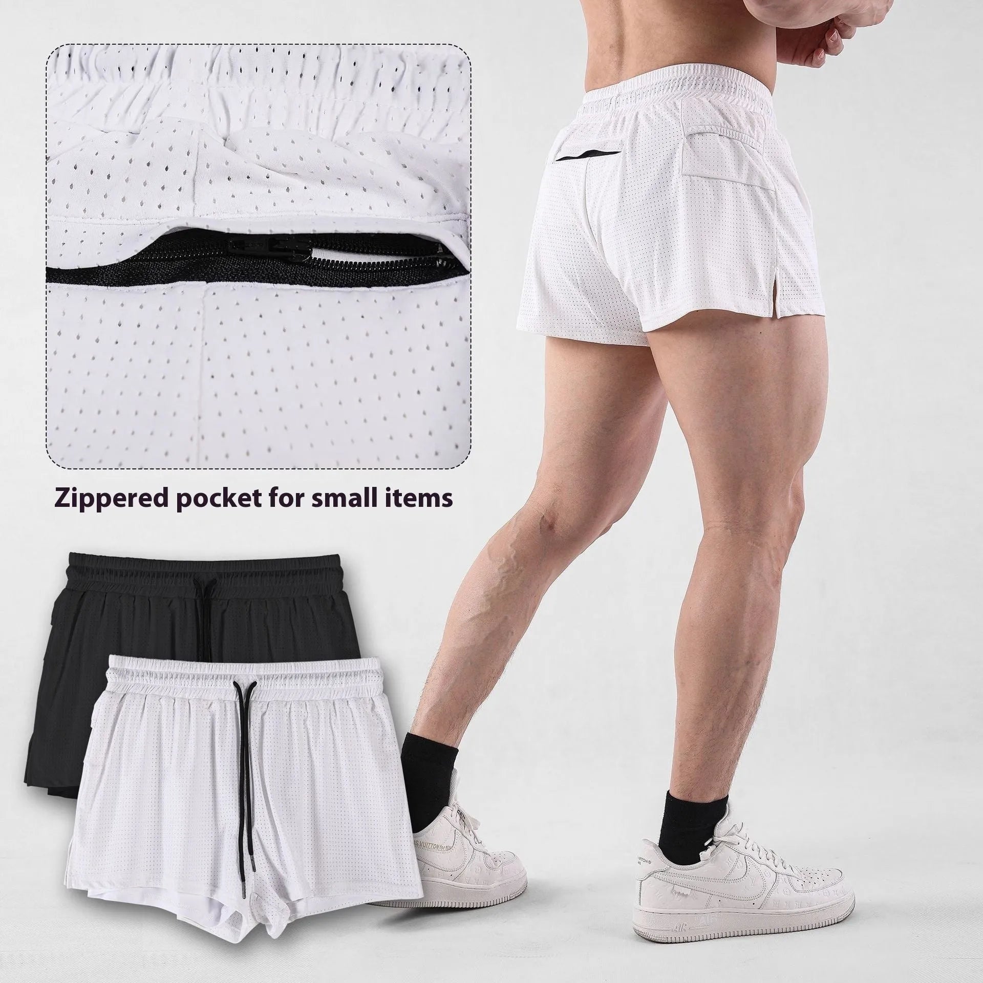 Men's quick-drying nylon summer shorts in black or white colours with mid waist design