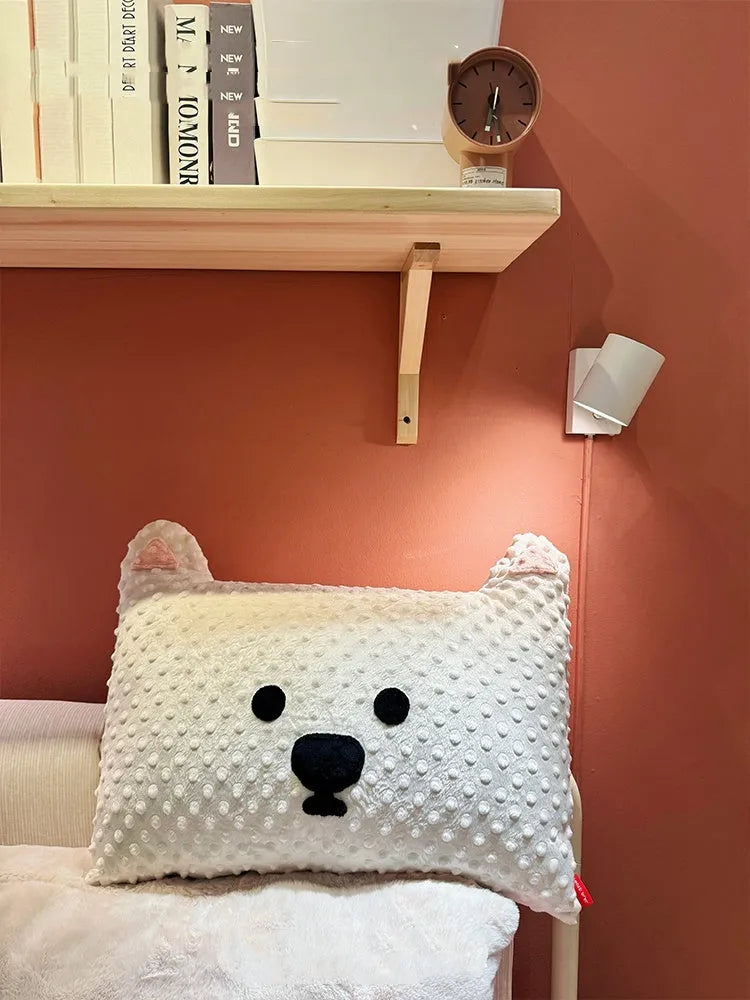 Grey Schnauzer print dog pillow on a sofa, measuring 50cm long.