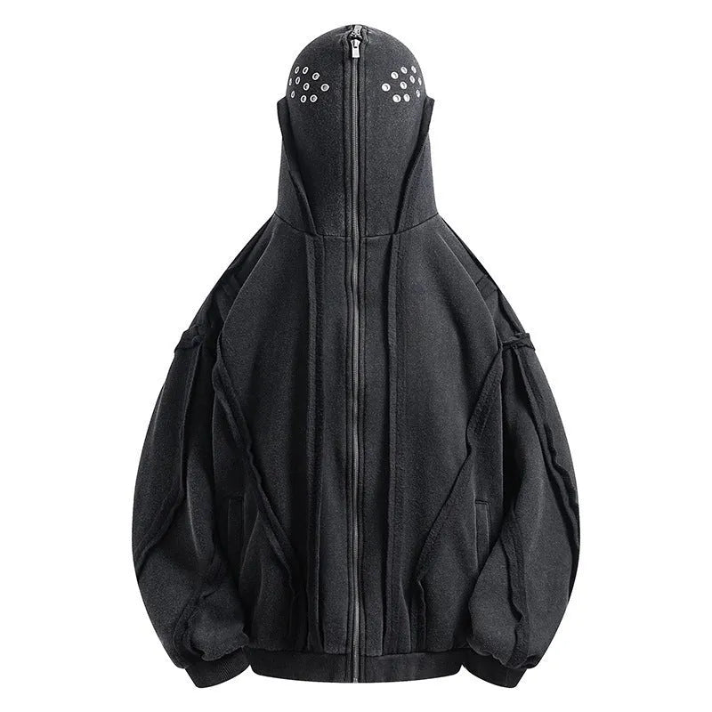 Black padded cotton hooded coat with abstract pattern and zip front in loose retro style