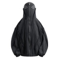 Black padded cotton hooded coat with abstract pattern and zip front in loose retro style