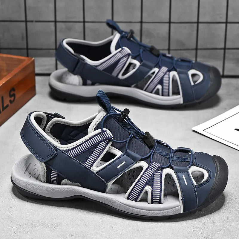 Men's blue and black casual sports shoes with Velcro closure and mesh upper