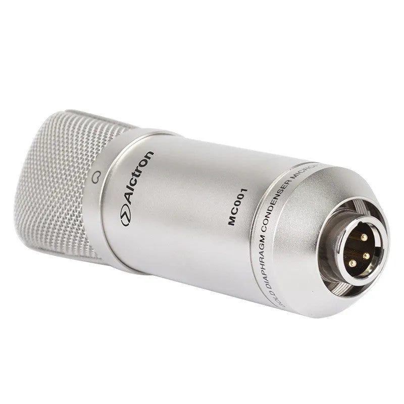 MC001 professional condenser microphone with gold-plated diaphragm, shock mount, and windshield on desk setup