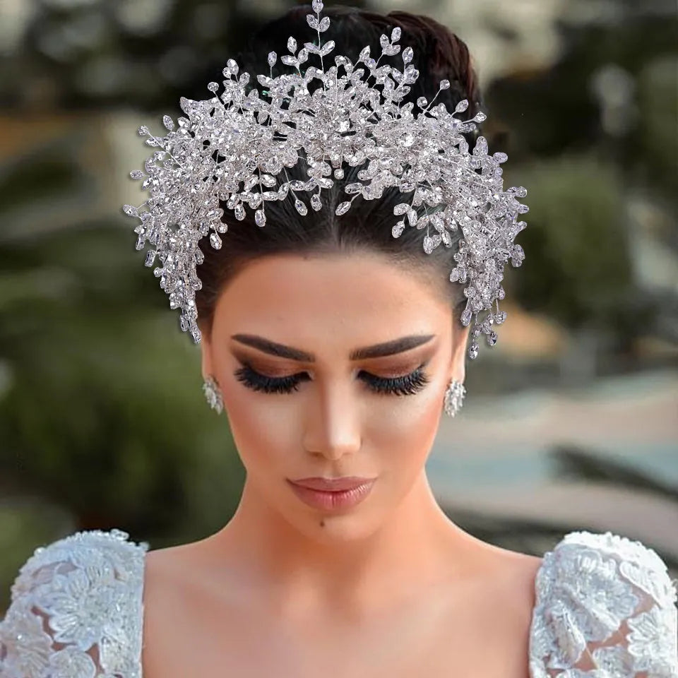 Heavy handmade rhinestone ice and snow queen wedding crown in silver with crystal beaded headband