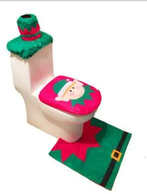 Christmas bathroom set with Santa design including toilet seat cover, floor mat, and shower curtain