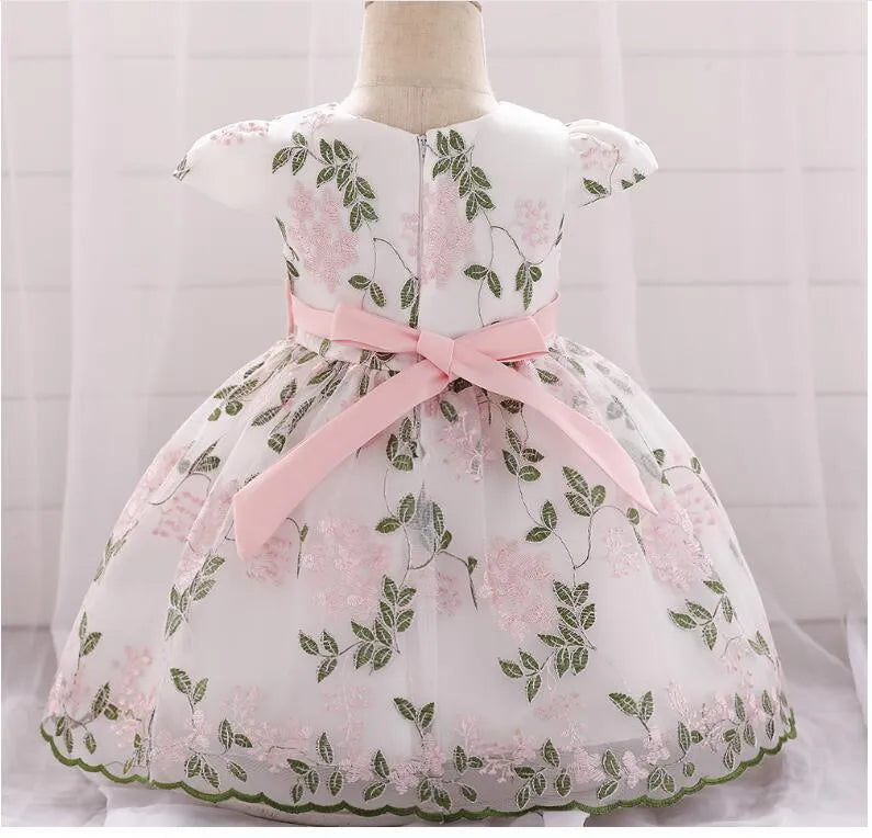 Baby girls fluffy summer dress in soybean powder colour, princess style with cotton blend fabric