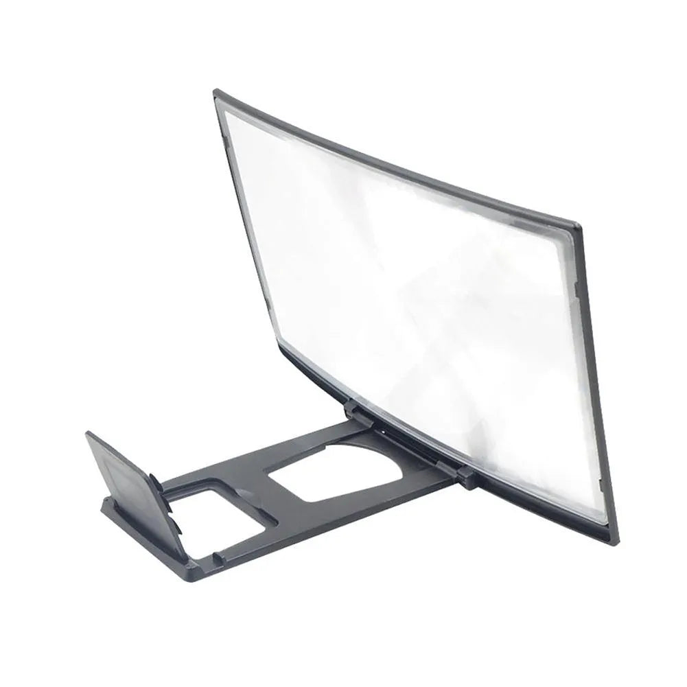 12 inch black ABS mobile screen magnifier with HD acrylic lens on a desk, showing a phone held in anti-slip slot