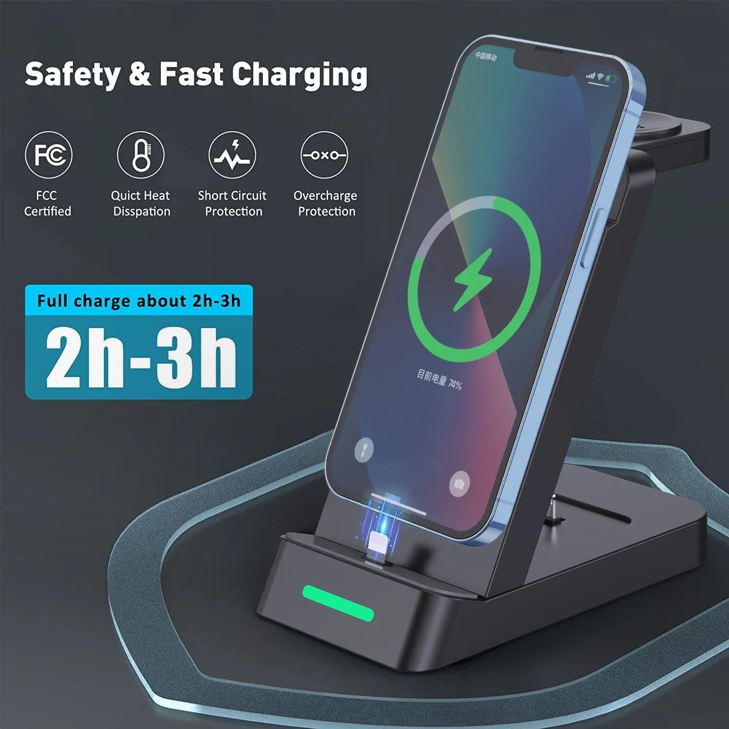 Black 3-in-1 wireless charging station holding a phone, AirPods case, and Apple Watch on its charging pads.