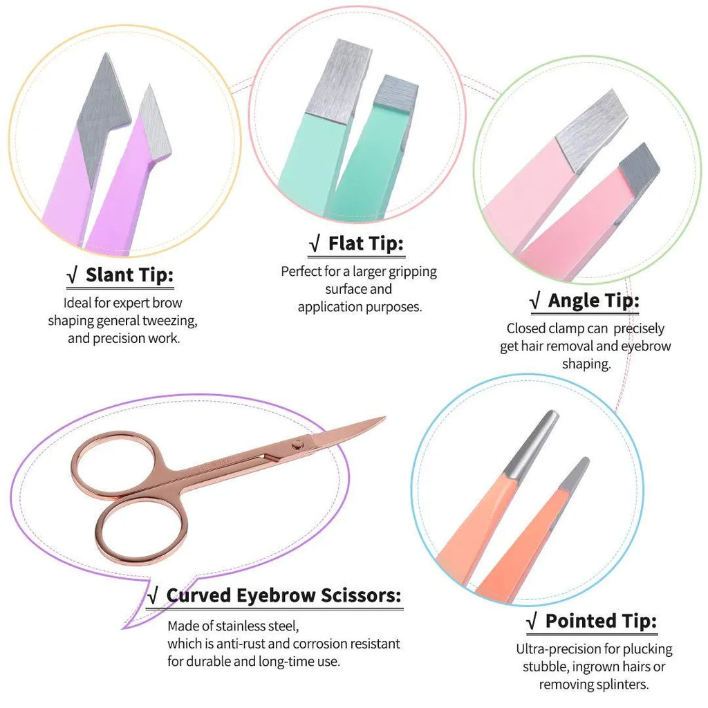 Professional 6-piece stainless steel eyebrow tweezer set with curved scissors and leather case