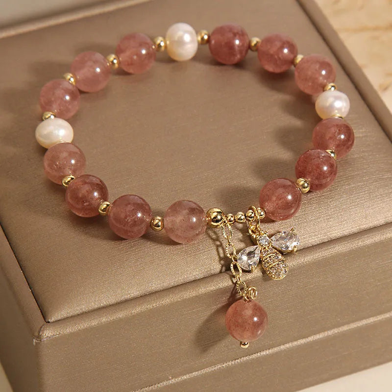 Strawberry quartz freshwater pearl bracelet with zircon alloy clasp in Japanese Korean style