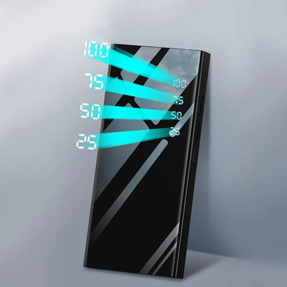 20000mAh power bank with LCD display showing battery percentage, dual USB ports, and compact black design