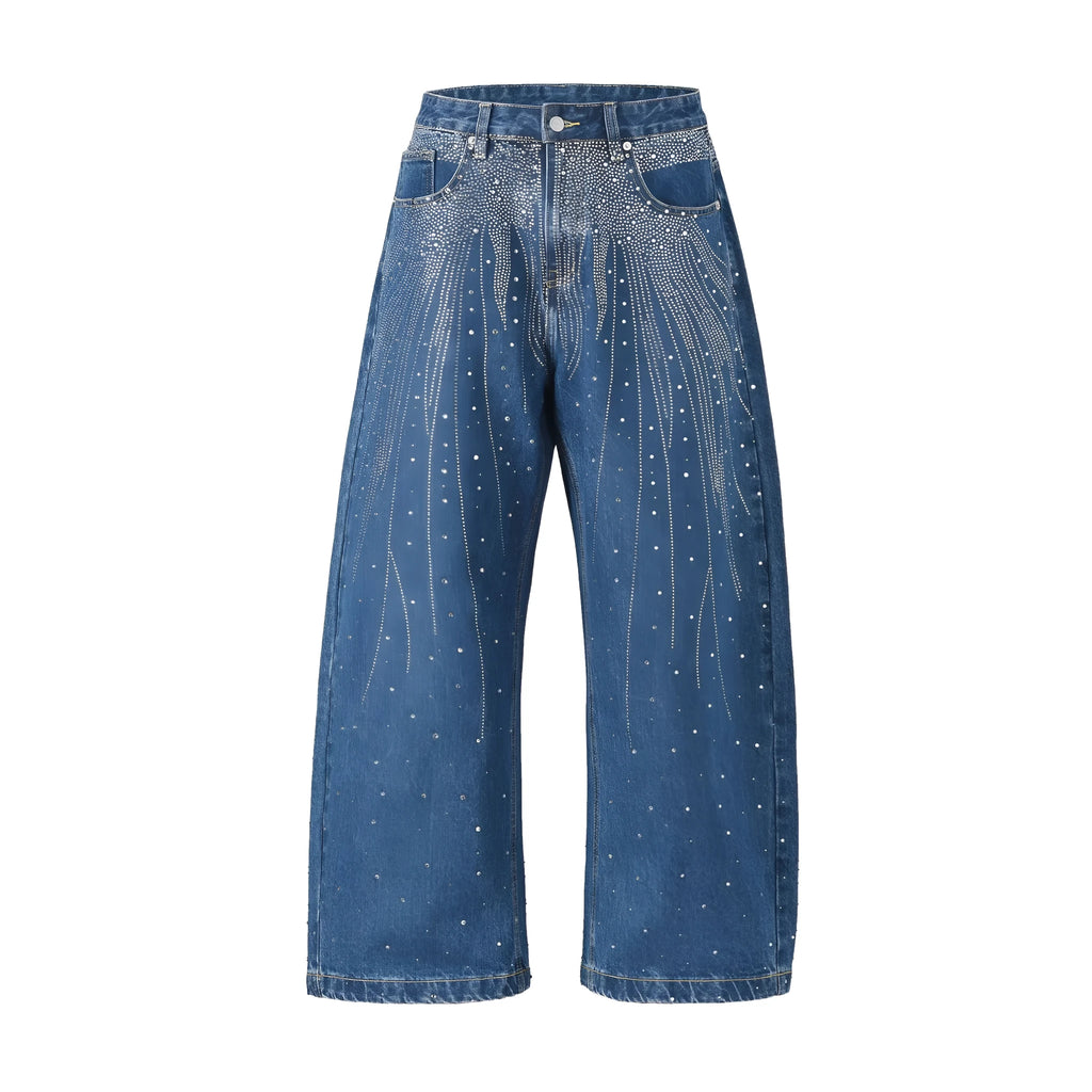 Loose-fitting wide-leg cotton trousers in blue or black, sizes 30-36, pull-on style