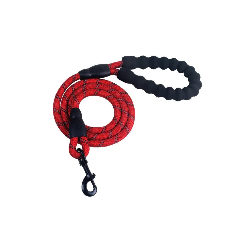 Nylon reflective dog leash with black foam handle and zinc alloy hook, 1.5m length on green background