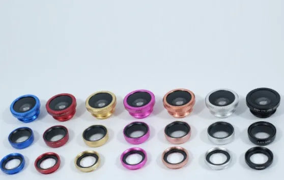 Mobile phone camera lens kit with fisheye and macro functions in various colour options on a smartphone.